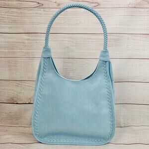 Light Blue Purse with Brown Satin Interior and Braided Strap 23 1/2" Tall